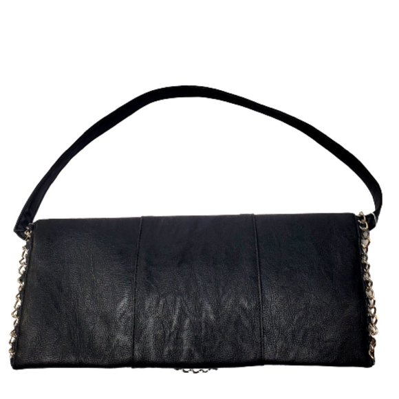 Black Leather  Envelope Clutch with Chain Edging Bag. - Picture 5 of 5